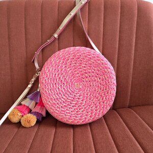 Eric Javits Round Straw Crossbody Bag Pink Raffia Tassel Boho Summer